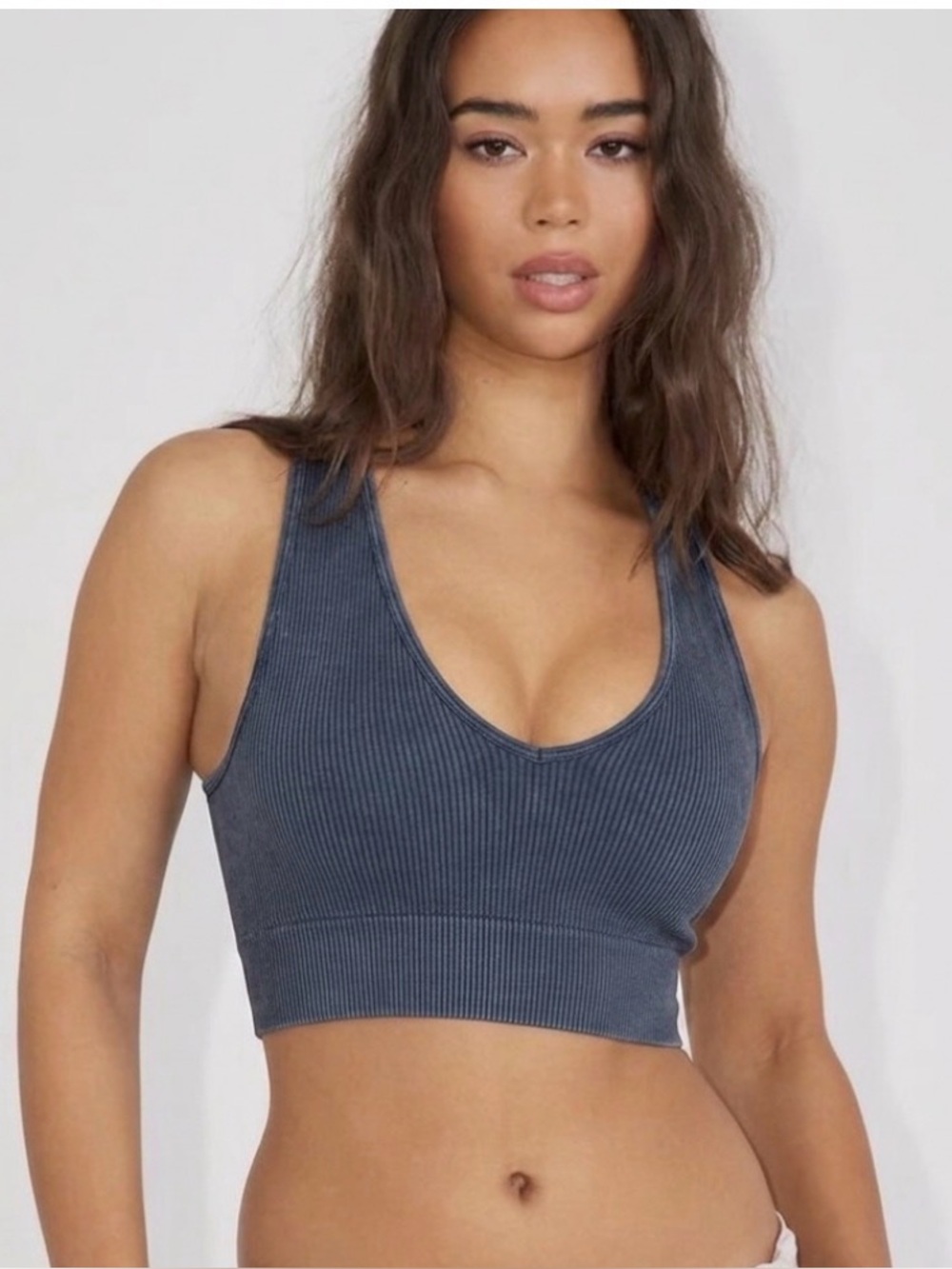 Garage Stella Seamless Plunge Tank Top Ribbed Blue Gray Cropped XS